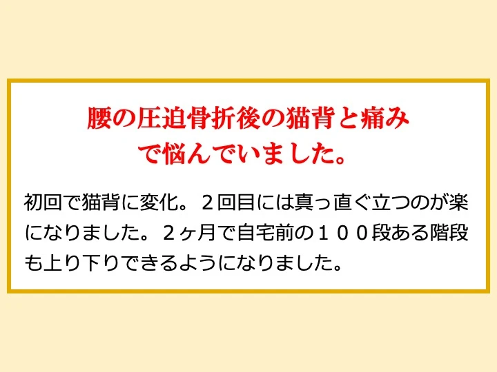 腰の圧迫骨折後の猫背と痛みで悩んでいました。