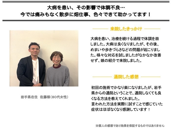 今では痛みもなく散歩に畑仕事、色々出来て助かってます！
