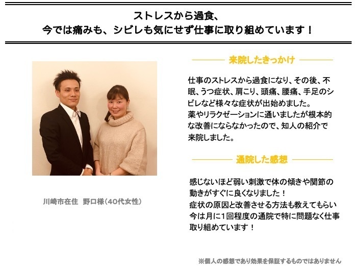 ストレスから過食…今では痛みも、シビレも気にせず仕事に取り組めています！